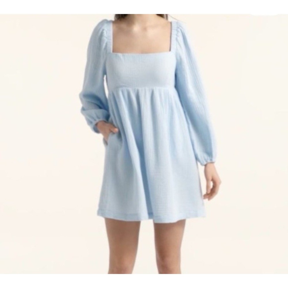 J.Crew Light Blue Gauze Square‎ Neck Long Sleeves Pockets Baby Doll Dress Size L